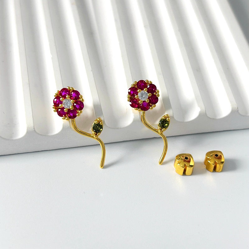 Women's Style Fashion Fresh Temperament Mori Sweet Flowers Full-jeweled Earrings