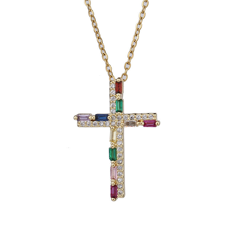 Trendy Colorful Zircon Cross Pendant Niche Personality Design Necklaces