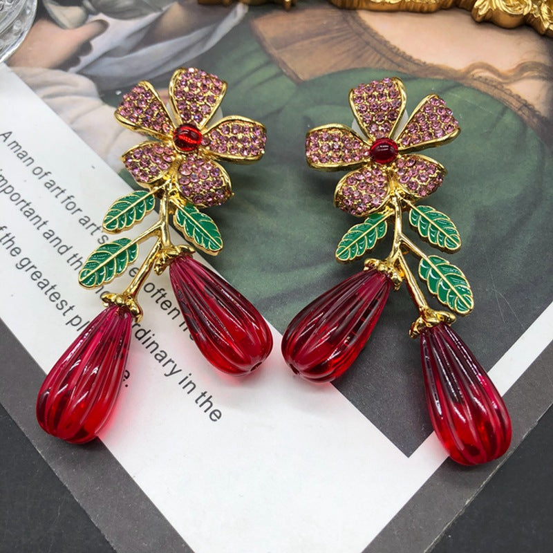 Lux Leaves Flower Mid-length Gold-plated Red Earrings