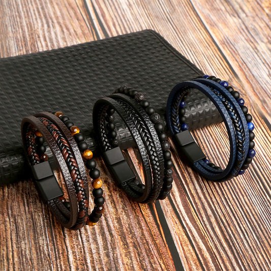 Men's Handmade Weaving Natural Obsidian Beaded Bracelets