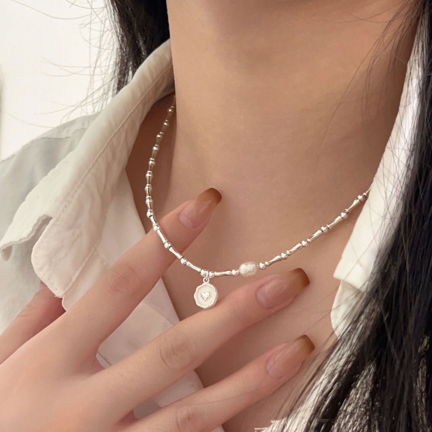 Sier Sterling Korean Style Handmade Bamboo Section Heart-shaped Necklaces