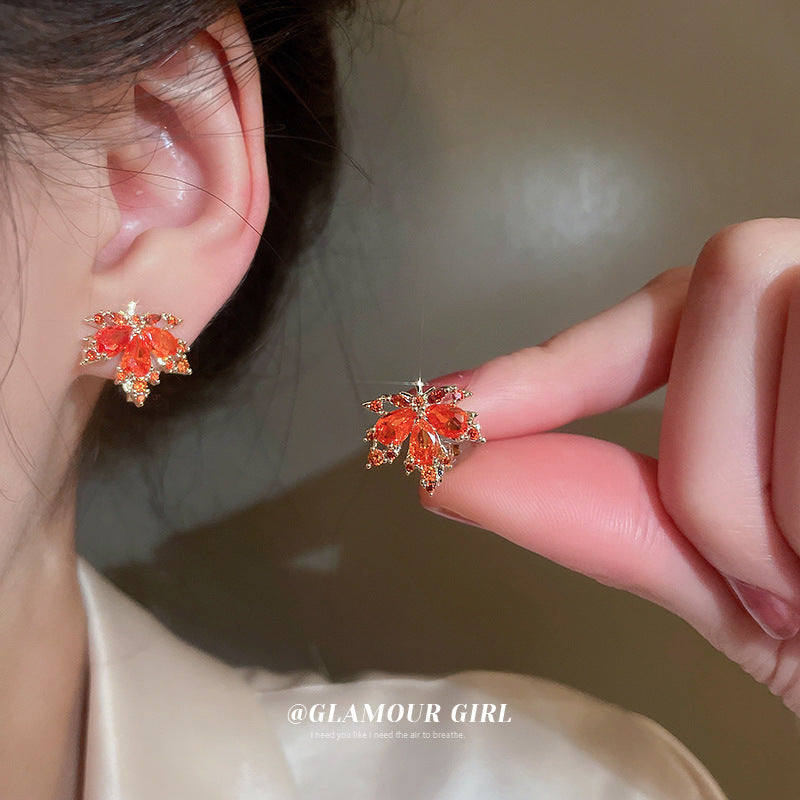 Gold Electroplated Zircon Red Maple Leaf Earrings