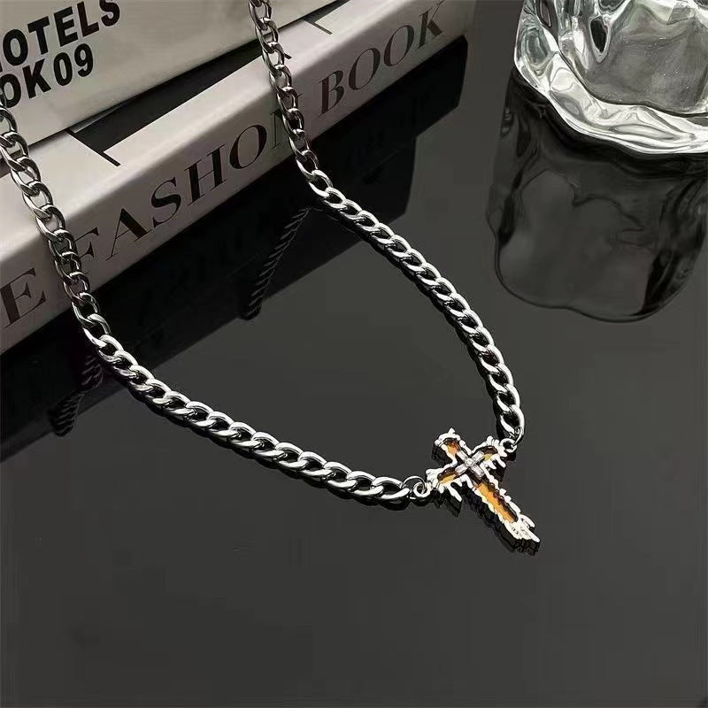 Men's Steel Cuban Glass Mirror Cross Ice-breaking High-grade Hip Necklaces