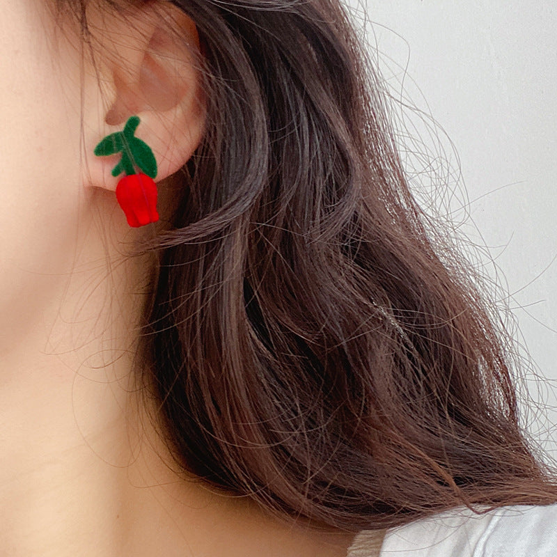 Flocking Red Tulip Hepburn Style Retro Earrings