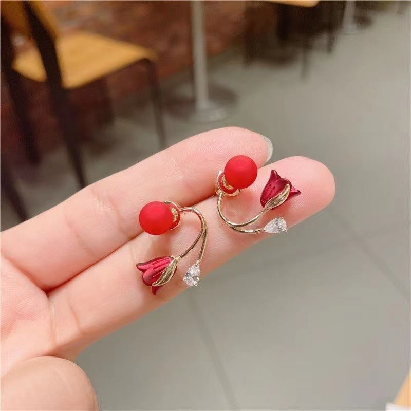 Women's Red Flower Pearl Sier Needle One Pair Two Earrings