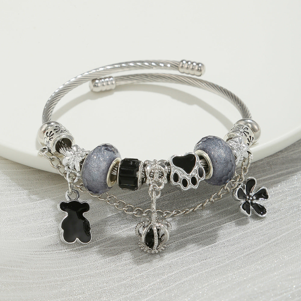 Adjustable Stainless Steel Titanium Bear Crown Pendant Bracelets