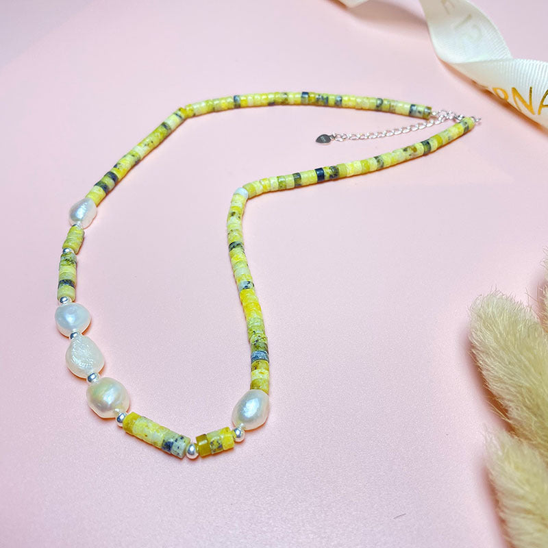 Sier Natural Baroque Pearl Kiwi Fruit Green Stitching Beaded Necklaces