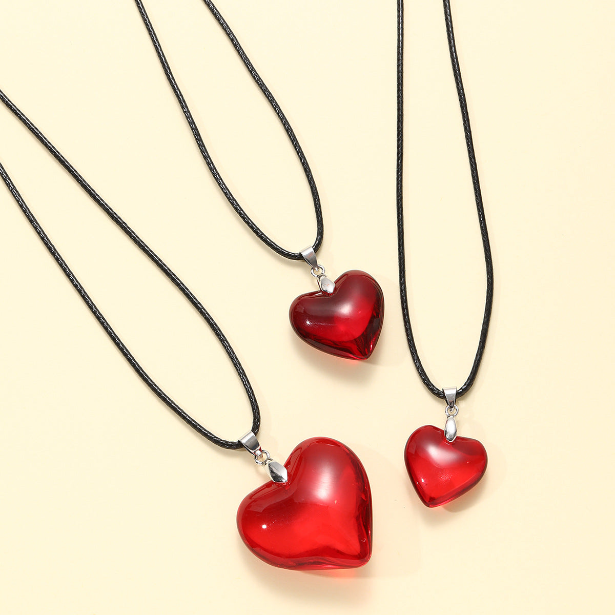 Heart-shaped Big Glass Pendant Black Leather Necklaces