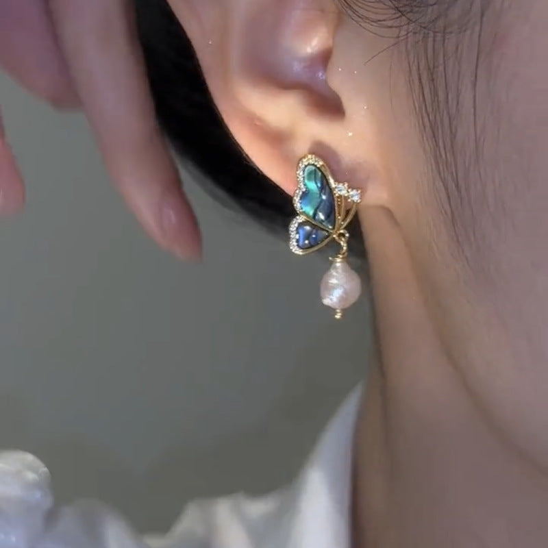 Green Butterfly Light Luxury French High-grade Freshwater Pearl Earrings