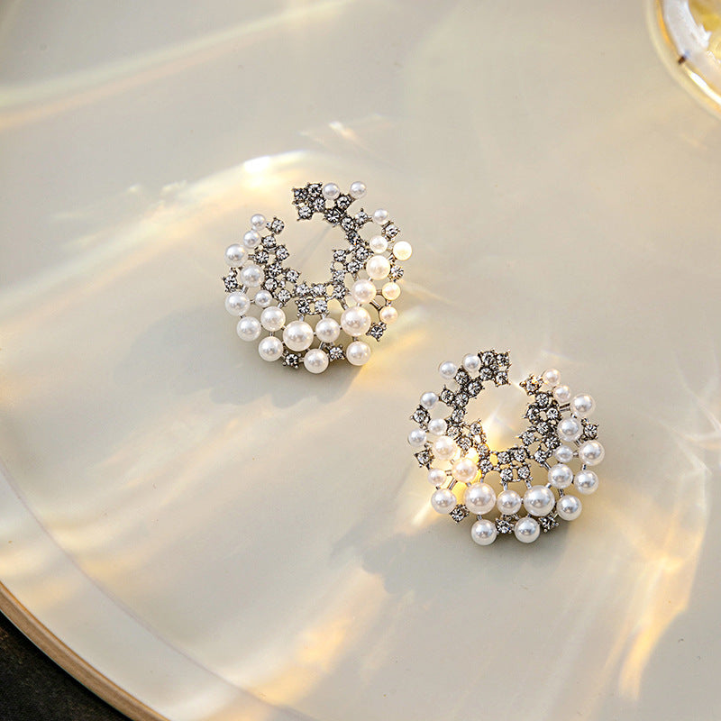 Sier Needle Light Luxury Rhinestone Pearl Versatile Earrings