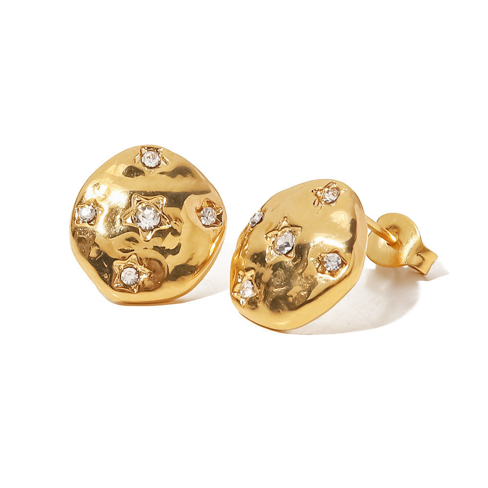 Coin-shaped Inlaid Cubic Zirconia Hammered Gold-plated Earrings